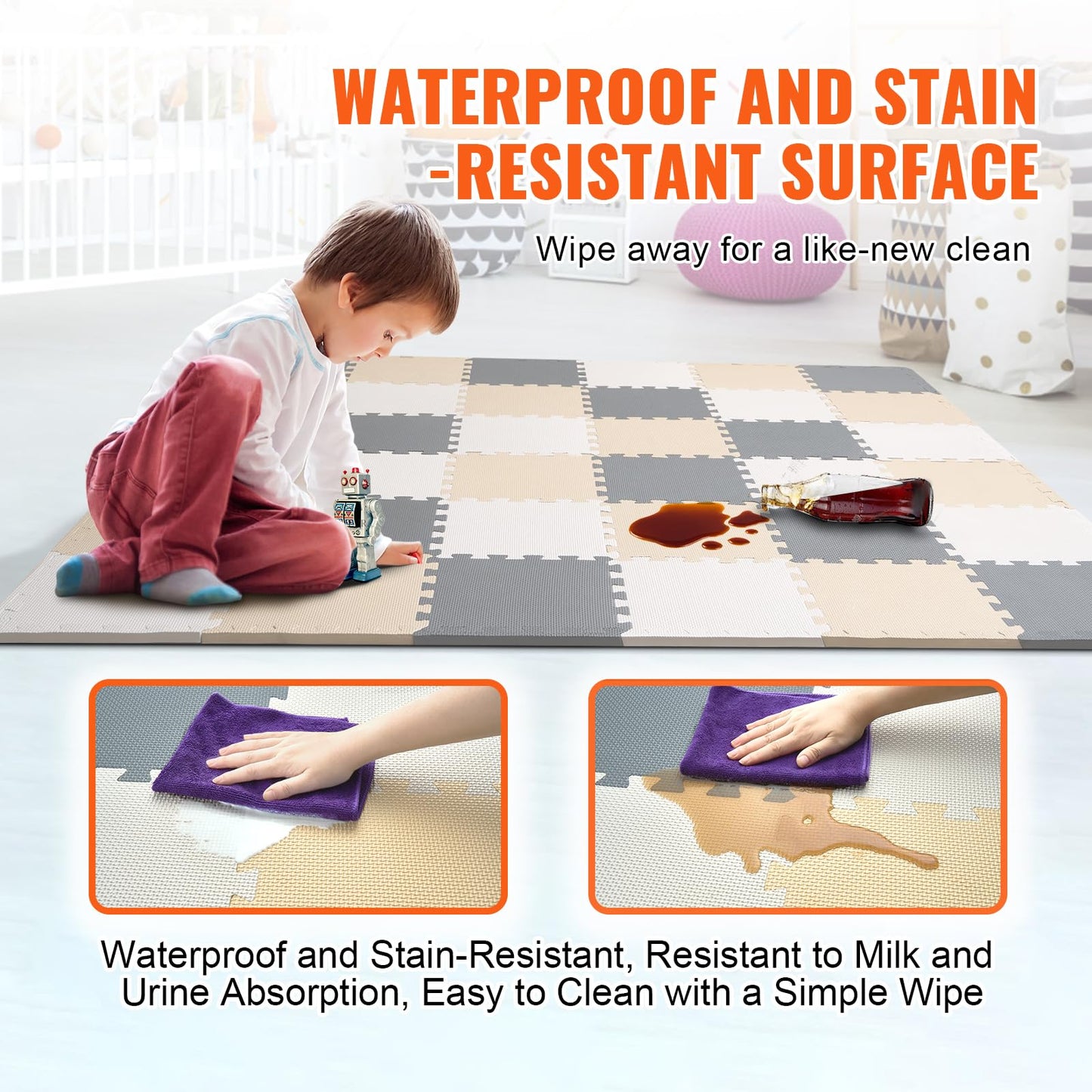 VEVOR 36 Tiles Kids Play Mat – 0.4" Thick EVA Foam Interlocking Puzzle Mats, 12"x12" Each, 36 Sq Ft for Nursery, Playroom, Camel/Gray/Beige