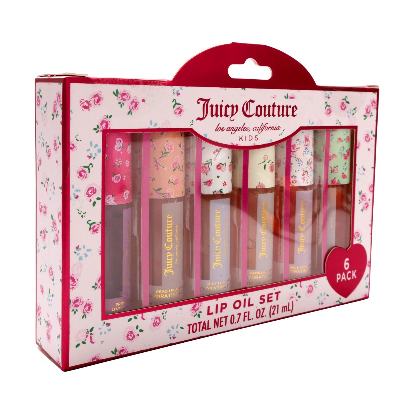 Juicy Couture Kids Hydrating Lip Oil Set, 6 Pack Floral Tubes, Tinted Lip Oil Gift Set for Girls and Tweens