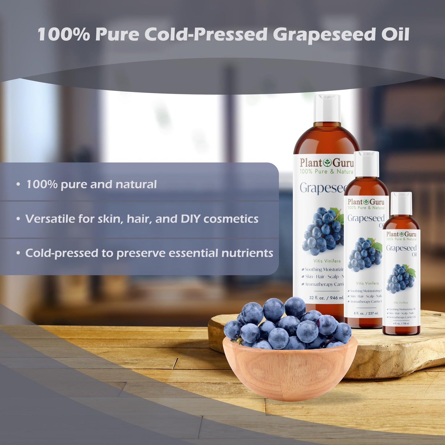 Plant Guru Grapeseed Oil 32 oz. Cold Pressed 100% Pure Natural Carrier For Skin, Body, Face, and Hair Growth Moisturizer. Great For Creams, Lotions Beauty & Personal Care Plant Guru