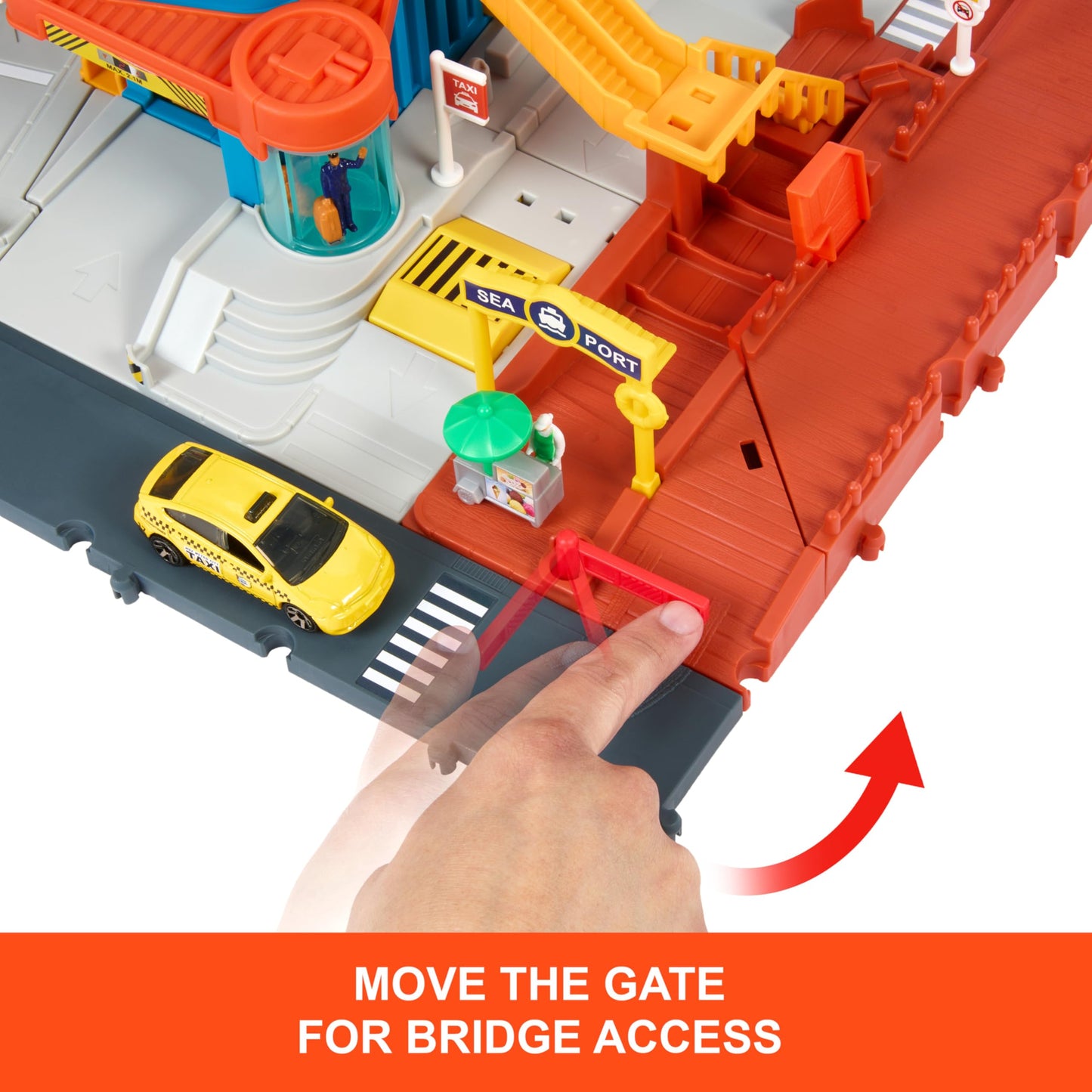 Matchbox 5-Level Transportation Center Playset with Car-Activated Features, Includes 1:64 Taxi, Boat, Helicopter & Food Vendor, Kids Toy Vehicles
