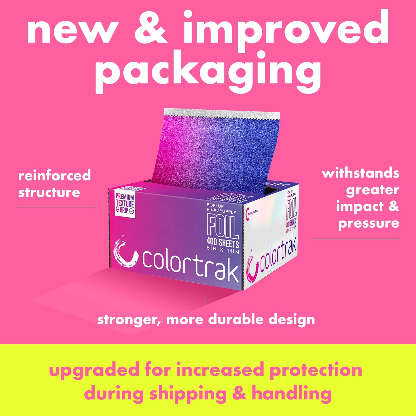 Colortrak Pink/Purple Gradient Pop-up Foil w/Dispenser (400 Count), Pre-cut Sheets, Non-Slip Embossed Texture, 5" x 10.75" Sheets for Hair Foil
