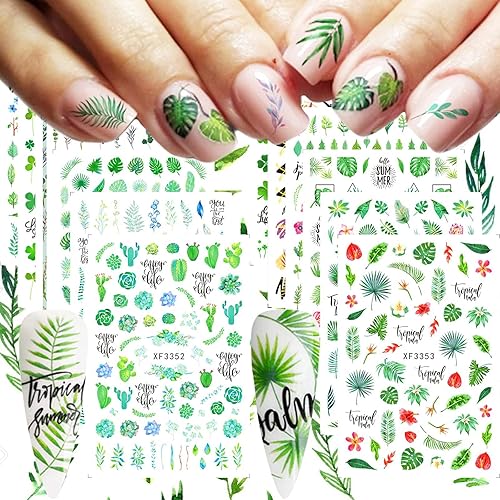 12 Sheets Summer Leaf Nail Art Stickers 3D Self-Adhesive Nail Decals Nail Art Supplies Palm Leaves Clover Nail Design for Women Manicure Nail