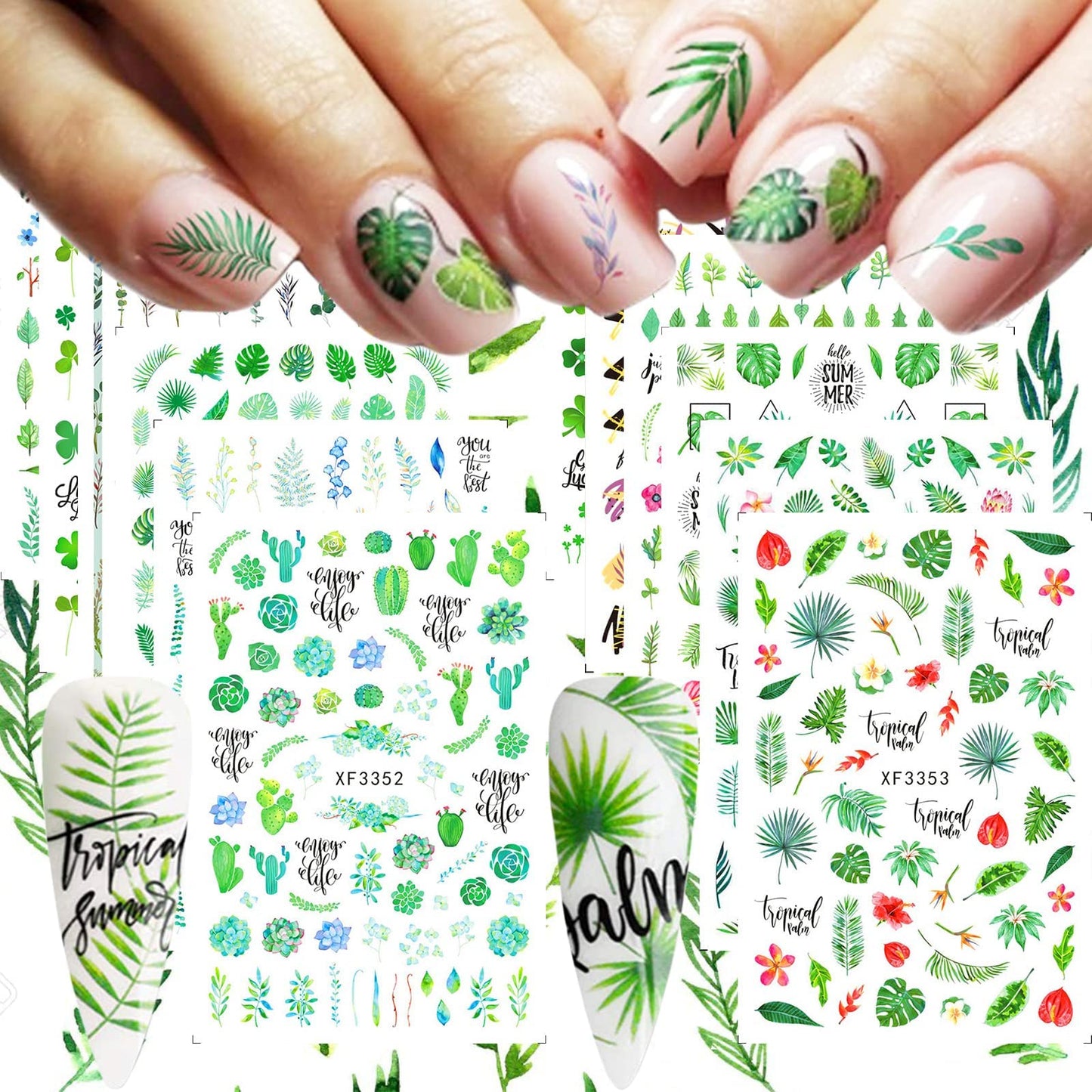 12 Sheets Summer Leaf Nail Art Stickers 3D Self-Adhesive Nail Decals Nail Art Supplies Palm Leaves Clover Nail Design for Women Manicure Nail