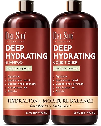 DEL SUR Hydrating Shampoo and Conditioner Set | 16 fl oz Each | with Camellia Japonica, Squalane, Hyaluronic Acid, Baobab Extract & Biotin | Deep