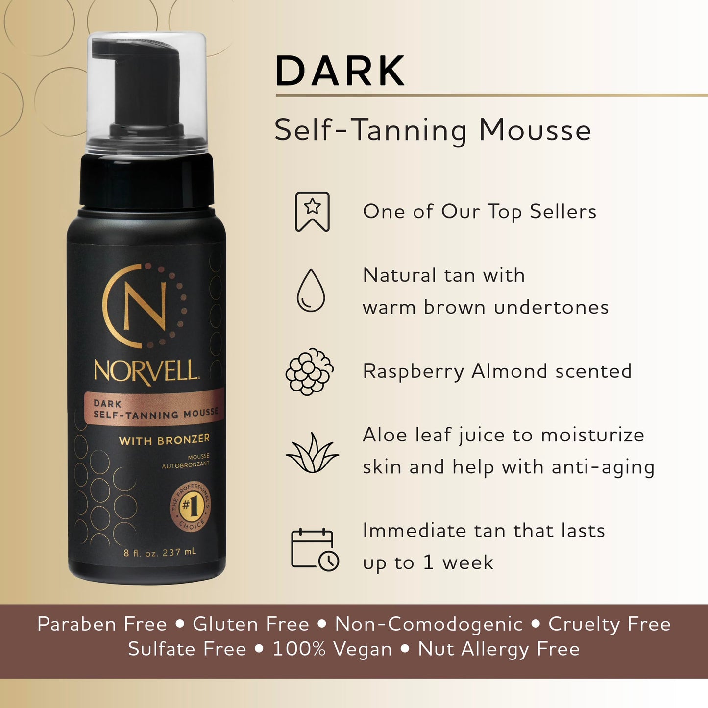 Norvell Sunless Dark Self Tanner Mousse with Bronzer 8 fl oz - Instant Natural Looking Fake Tan for a Bronzing Glow, Streak Free, Fast Drying, Long