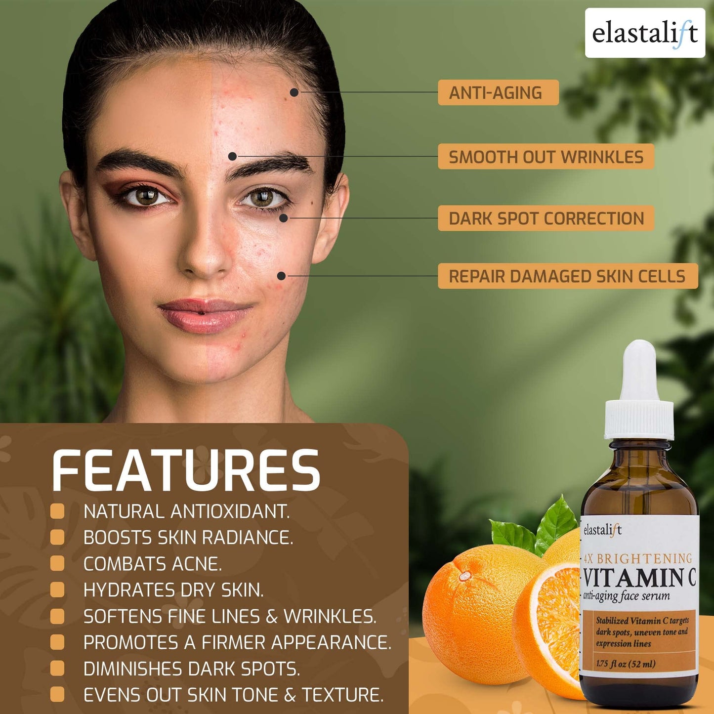 Elastalift Vitamin C Facial Serum For Age Spots, Wrinkles, & Expression Lines. Anti-Aging Face Serum W/Vitamin C & Hyaluronic Acid Brightens Skin