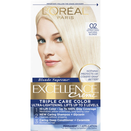 L'Oreal Paris Excellence Creme Permanent Triple Care Hair Color, 02 Extra Light Natural Blonde, Gray Coverage For Up to 8 Weeks, Pack of 1