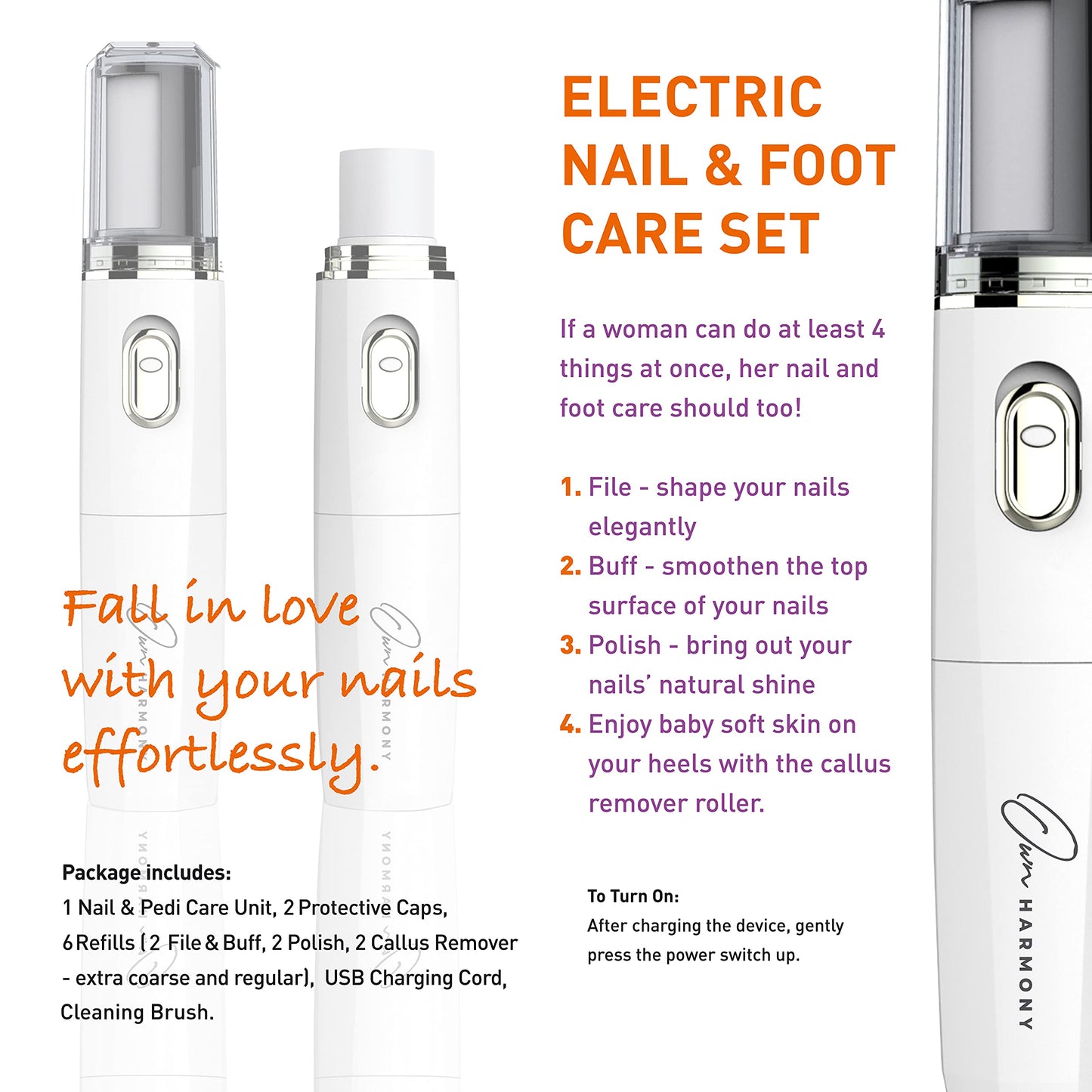 Own Harmony Electric Nail Buffer and Shine Kit for Natural Nails: Manicure Pedicure Tools with Callus Remover Foot Care, Best Electronic Mani Pedi