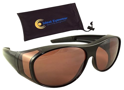 Ideal Eyewear Sun Shield Blue Blocking Fit Over Sunglasses HD Copper Lenses - Wear Over Glasses - Wrap Around (Black Frame, Large)