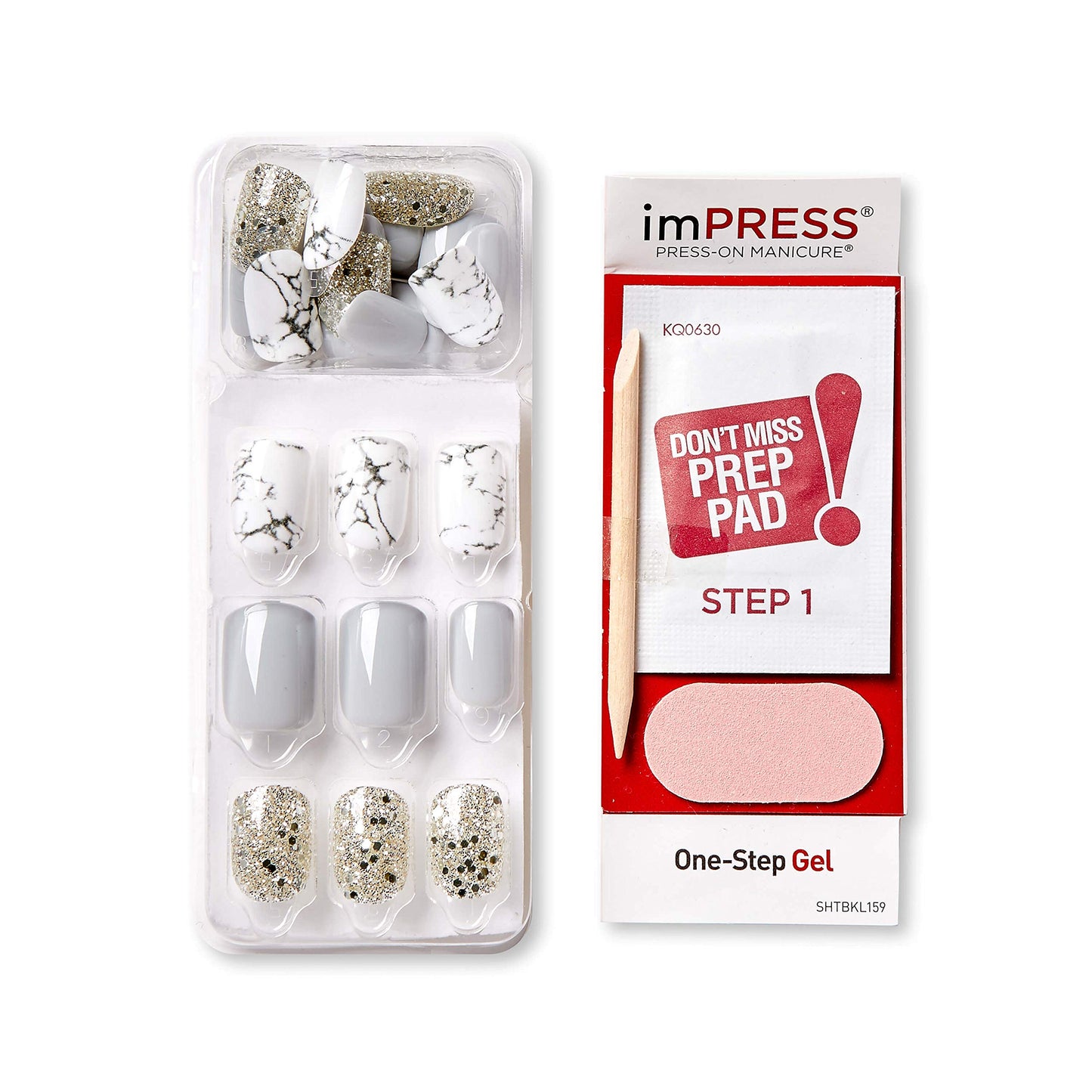 imPRESS Design, Press On Nails, Knock Out, Gray, Short, Size, Squoval, Shape, Includes 30 Nails, Prep Pad, Instructions Sheet, 1 Manicure Stick, 1