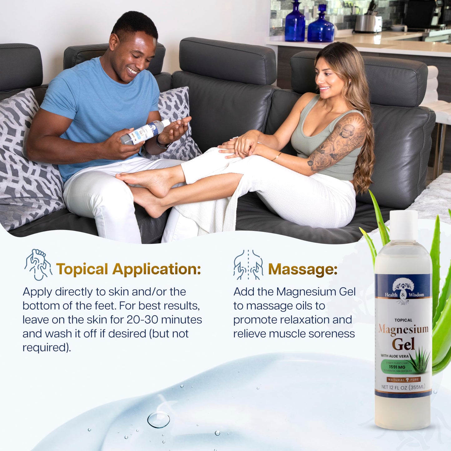Health & Wisdom Pure Magnesium Gel with Seaweed Extract and Aloe Vera - USP Grade Topical Muscle & Joint Relief- Natural and Pure Skin & Scalp