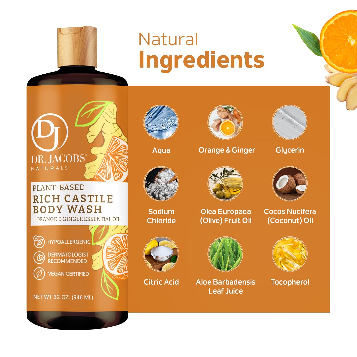 Dr. Jacobs Naturals Pure Castile Soap Liquid Body Wash, Orange & Ginger - Plant Based Soap Infused with Vitamin E & Aloe Vera to Moisturize Dry