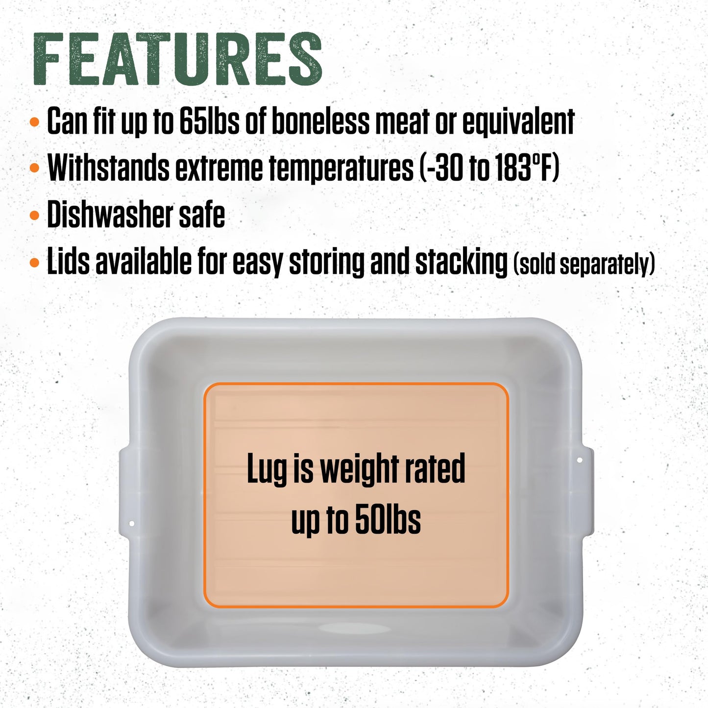 LEM Products Heavy Duty Meat Lug, Large Plastic Storage Containers for Meal Prep, High-Density Polyethylene (HDPE), White, 5-Pack