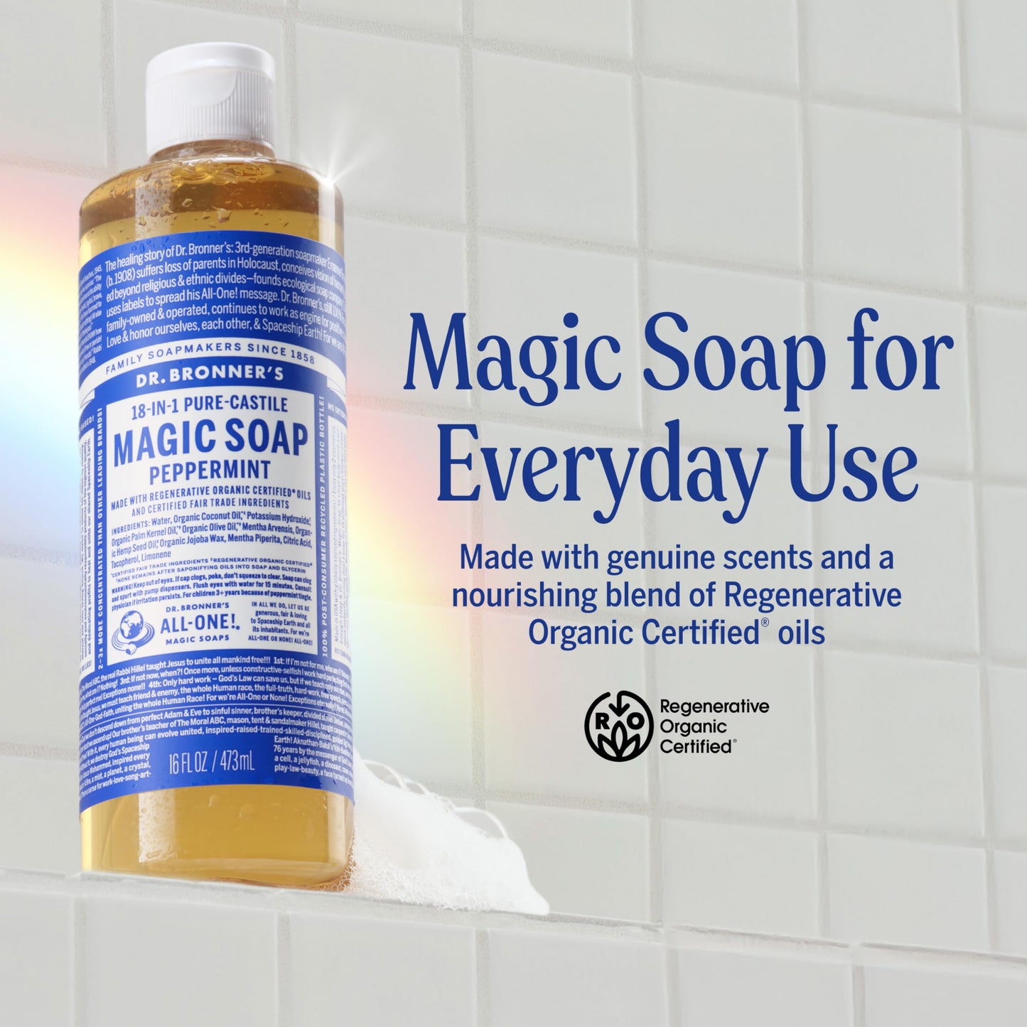 Dr. Bronner's Magic Soap-Pure-Castile Liquid Soap (Peppermint, 16 ounce, 2-Pack)-Regenerative Organic Certified Oils, 18-in-1 Uses: Body, Hair