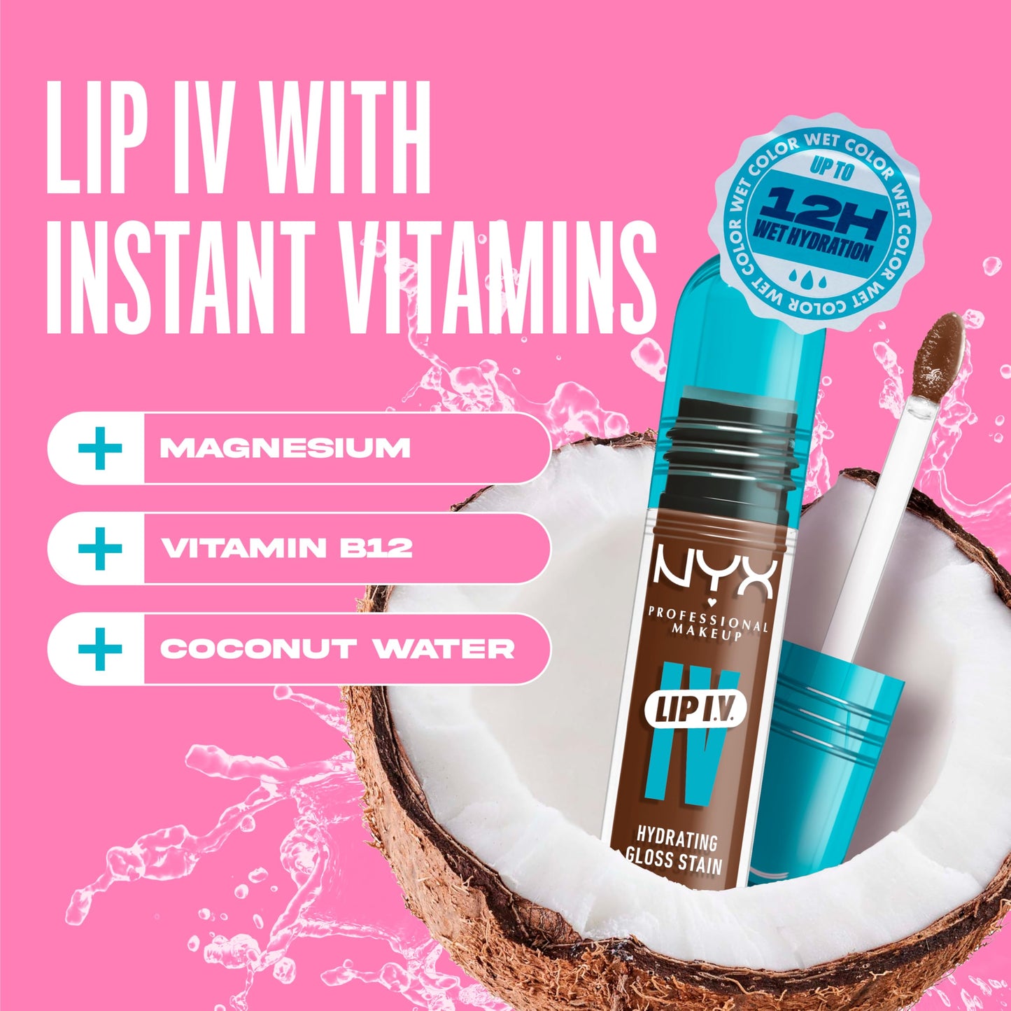 NYX PROFESSIONAL MAKEUP Lip IV Hydrating Glossy Lip Stain, Long-Lasting, Tinted, Vegan Formula with 12 HR Hydration - Splash N Spice (Brown)