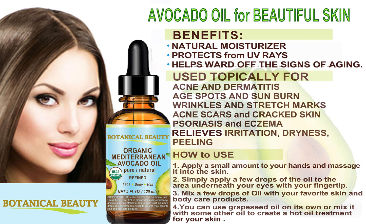 Botanical Beauty Italian ORGANIC AVOCADO OIL 100% Pure Natural Refined Undiluted Cold Pressed for Face, Body, Feet, Hair, Massage and Nail Care. 4 Fl