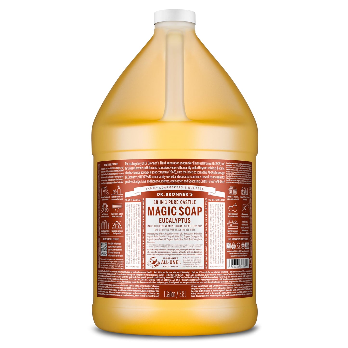 Dr. Bronner's Pure-Castile Magic Soap Liquid (Eucalyptus, 1 Gallon) - Made with Regenerative Organic Certified Oils, 18-in-1 Uses: Face, Body, Hair