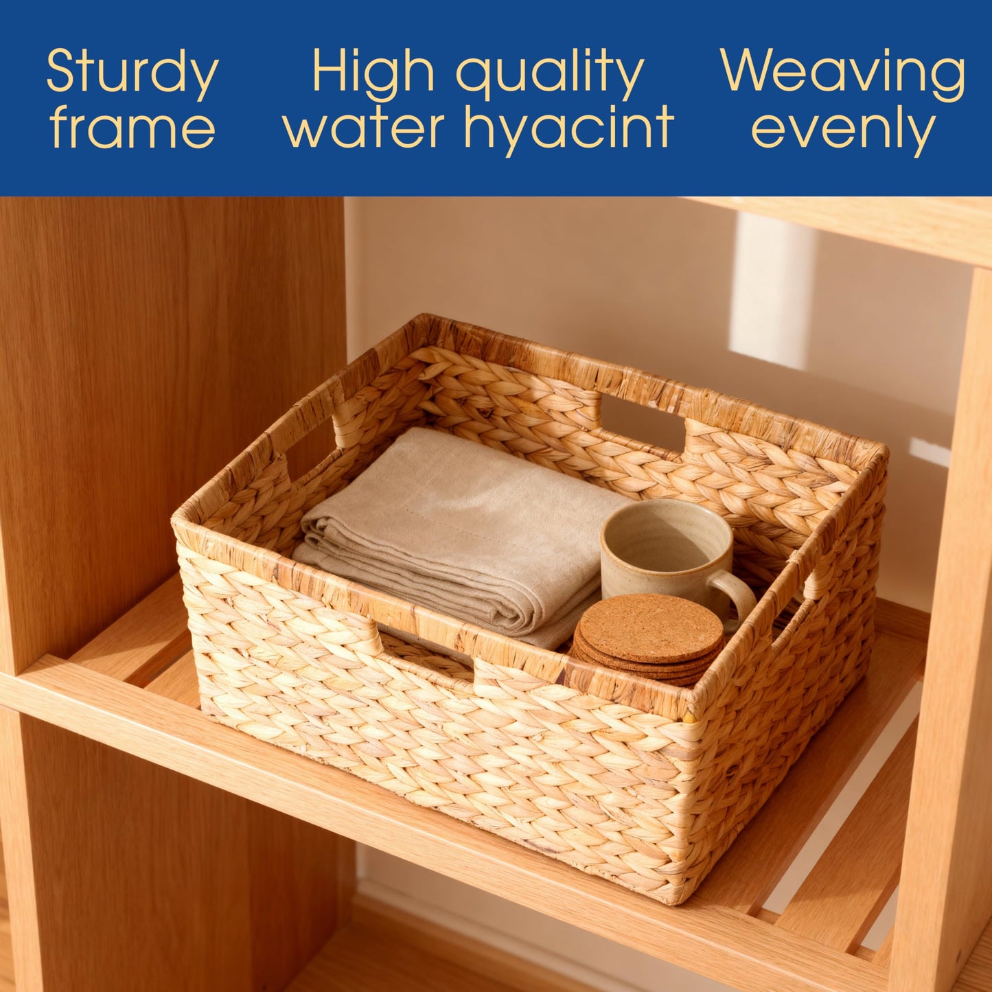 Large 14.5” x 13.5” x 8” (Set of 3) Natural Water Hyacinth Woven Storage Baskets, Rectangular Wicker Basket with Built-in Handles, Large (Natural)