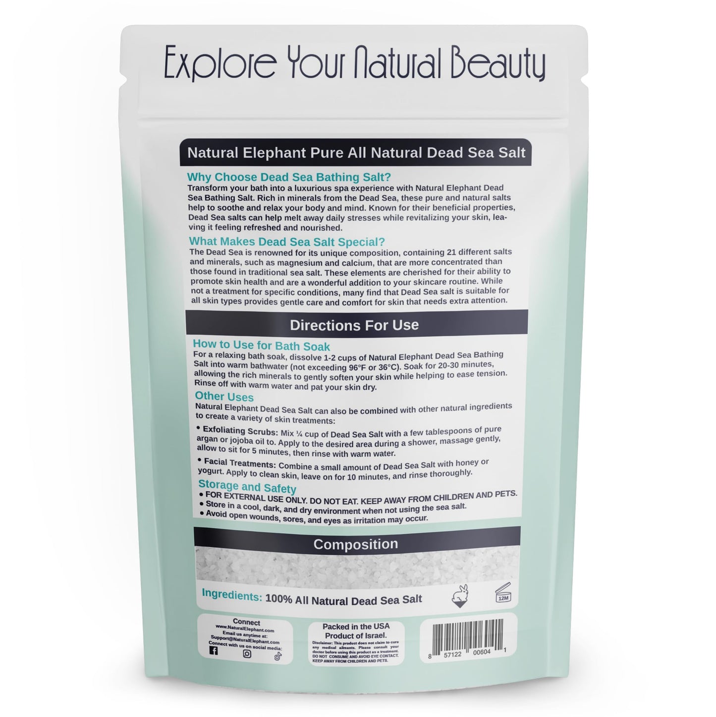 Natural Elephant Dead Sea Bath Salt | 2 Pound Bag (32oz) | 100% Natural and Pure| Coarse Grain | Ideal for Baths and Soaks