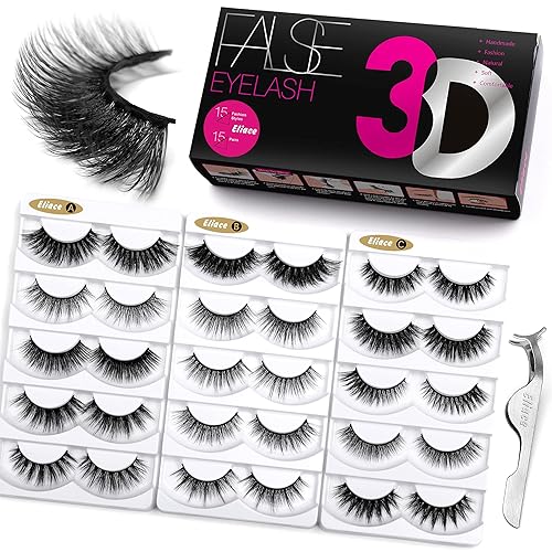 Eliace 3D Mink Lashes Natural Look 15 Mixed Styles 15 Pairs Fake Eyelashes Bulk Pack Handmade Luxurious Volume Fluffy Natural False Eyelashes
