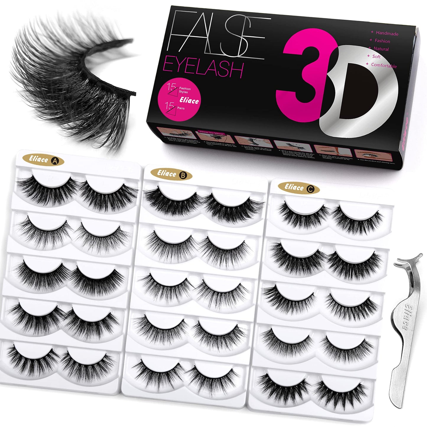 Eliace 3D Mink Lashes Natural Look 15 Mixed Styles 15 Pairs Fake Eyelashes Bulk Pack Handmade Luxurious Volume Fluffy Natural False Eyelashes