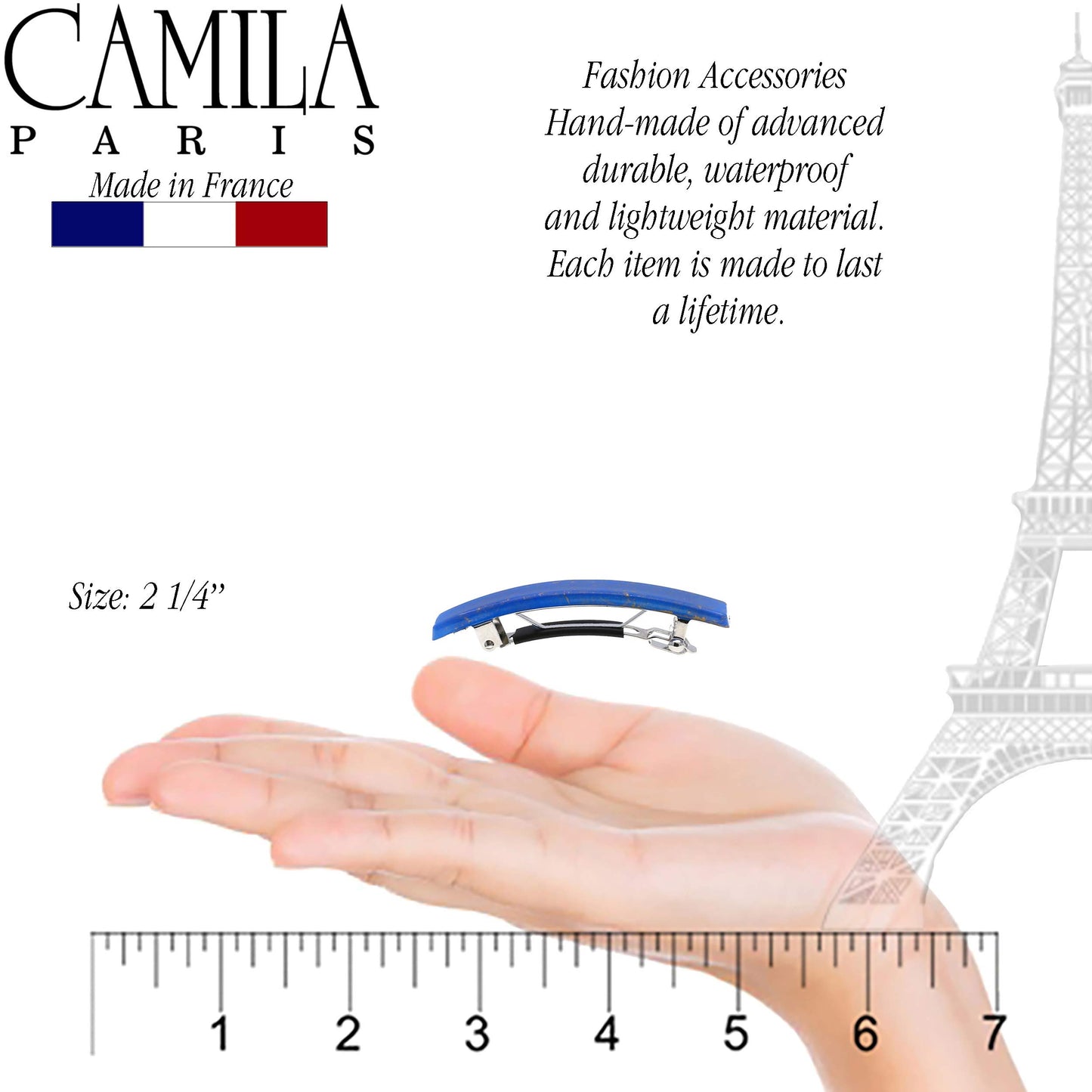 Camila Paris CP3042 French Hair Barrette Clip for Girls, Set of 2 Blue Rubberized Metal Clasp Strong Hold Grip Hair Clips for Women, No Slip Durable