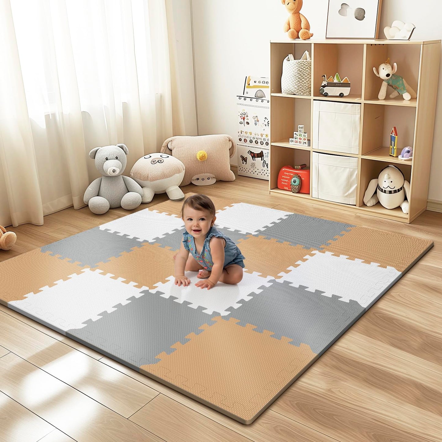16 Tiles Baby Play Mat – 0.6" Thick EVA Foam Interlocking Floor Tiles, Soft Play Mat for Babies, Toddlers & Kids (White-Brown-Grey)