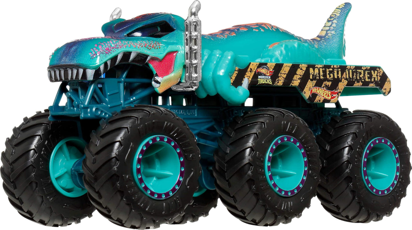 Hot Wheels Toy Cars & Monster Trucks, Sharks vs. Dinos Multipack with 2 Big Rigs, 2 1:64 Scale Monster Trucks & 2 1:64 Scale Hot Wheels Vehicles