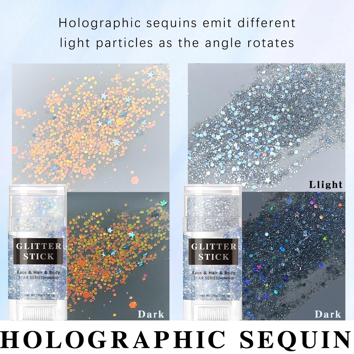 HOSAILY Silver Body Glitter Stick, Sparkling Holographic Sequins Glitter Gel, Body Shimmer Face Paint Glitter for Eye Hair Nail Lip, Chunky Glitter
