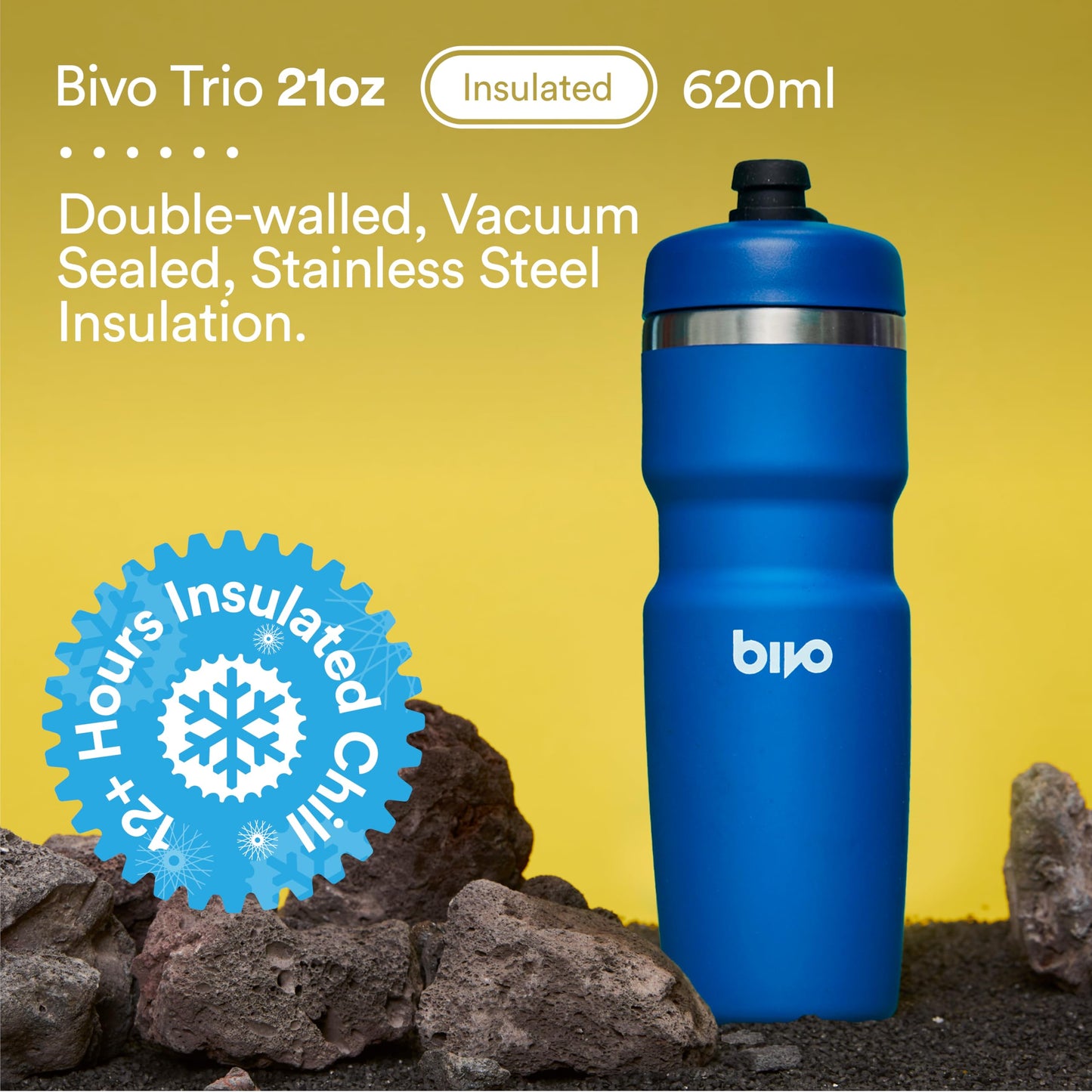 Bivo Trio 21oz Insulated Stainless Steel Bike Water Bottle - for Cycling - Fits Most Cages, Dishwasher Safe - Keeps Drinks Cold 12+ Hours - Black