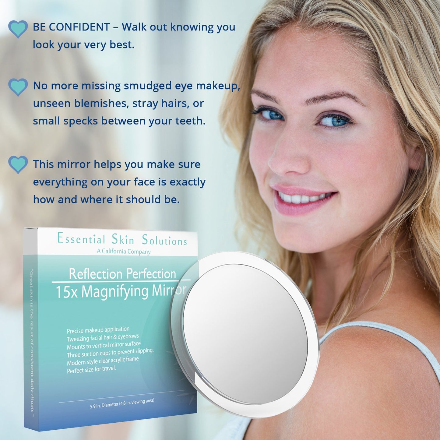15X Magnifying Mirror - Use for Makeup Application - Tweezing - and Blackhead/Blemish Removal - 6 Inch Round Mirror with Three Suction Cups for Easy