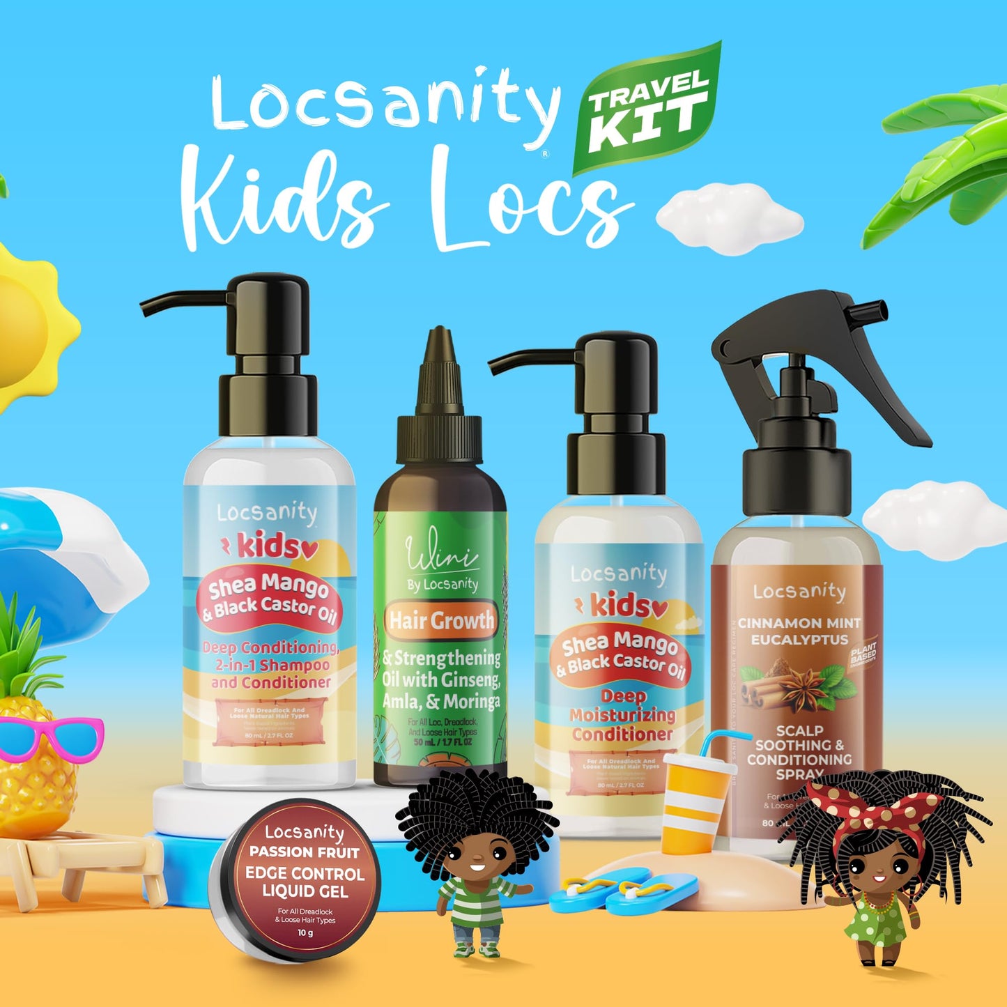 Locsanity Natural & Organic Kids Locs Sample Travel Kit, Gentle 2-in-1 Shampoo and Conditioner, Deep Moisturizing Conditioner, Healthy Hair Growth