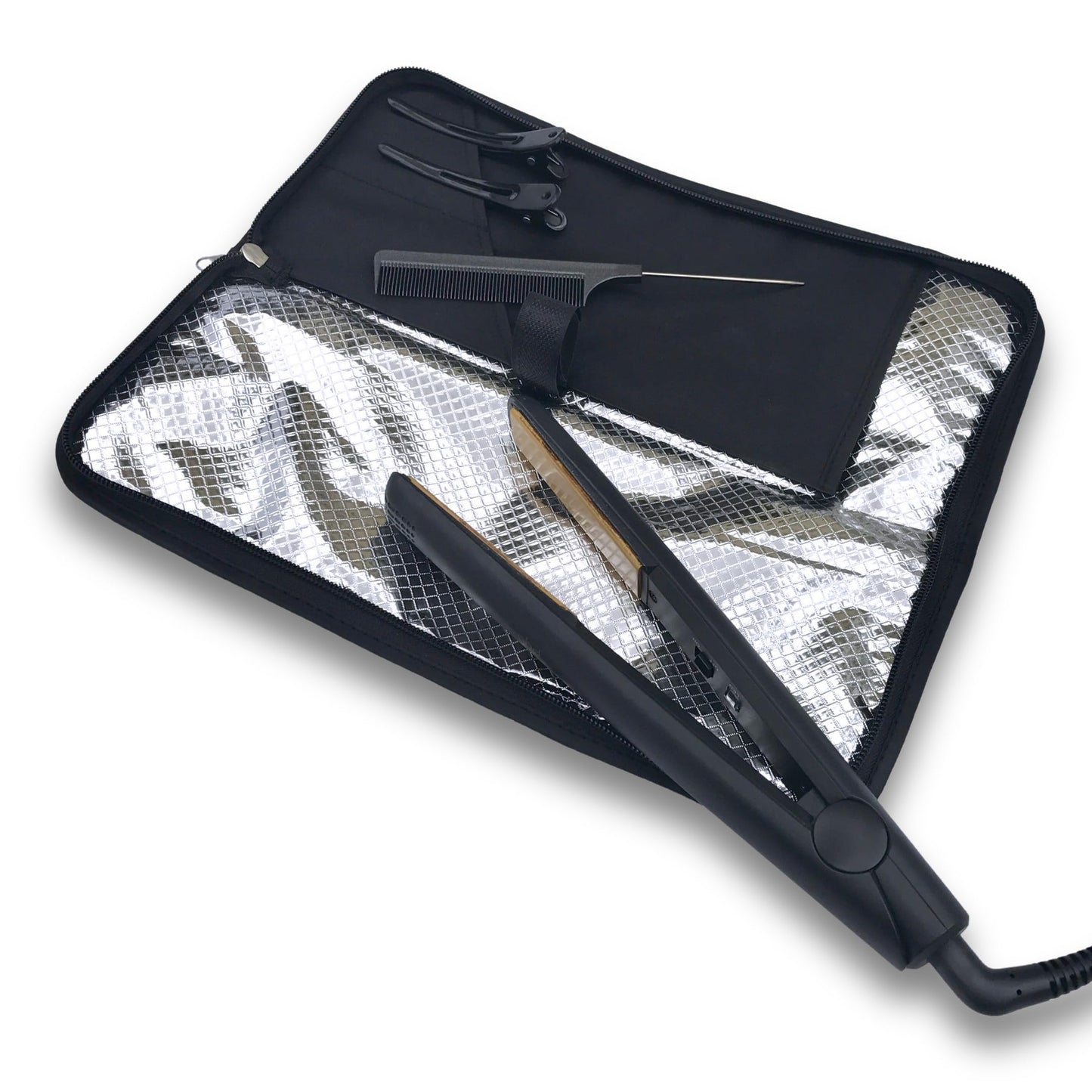 Hair Straightener Mat & Pouch by j&m - Heat Resistant - Fits ghd, BaByliss & Larger Flat Irons - Zip-Up All-in-One Compact Travel Case