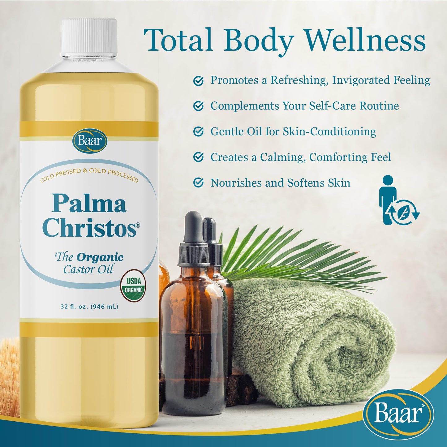 Baar Palma Christos Organic Castor Oil Products, Cold-Pressed, Hexane-Free, USDA Certified, for Skin, Hair, Massage & Castor Oil Packs, 32 oz