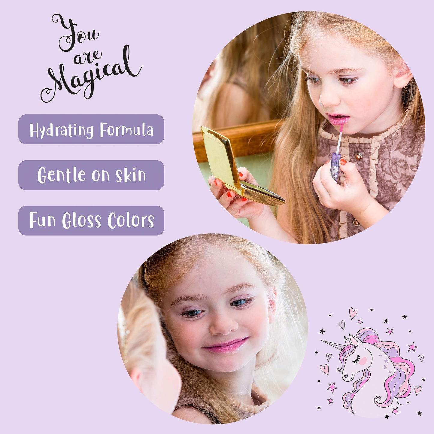 EXPRESSIONS 14pc Lip Gloss for Girls - Glossy Lip Gloss Tubes | Non Toxic Lip Gloss Set - Unicorn Princess Birthday Party Favors Kids Makeup