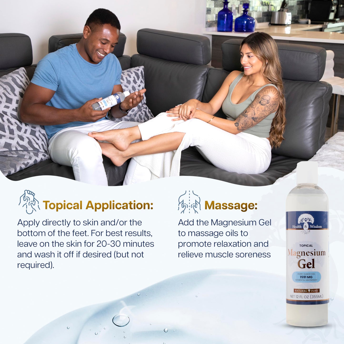Health & Wisdom Pure Magnesium Gel with Seaweed Extract - USP Grade Topical Muscle & Joint Relief- Natural and Pure Skin & Scalp Moisturizing