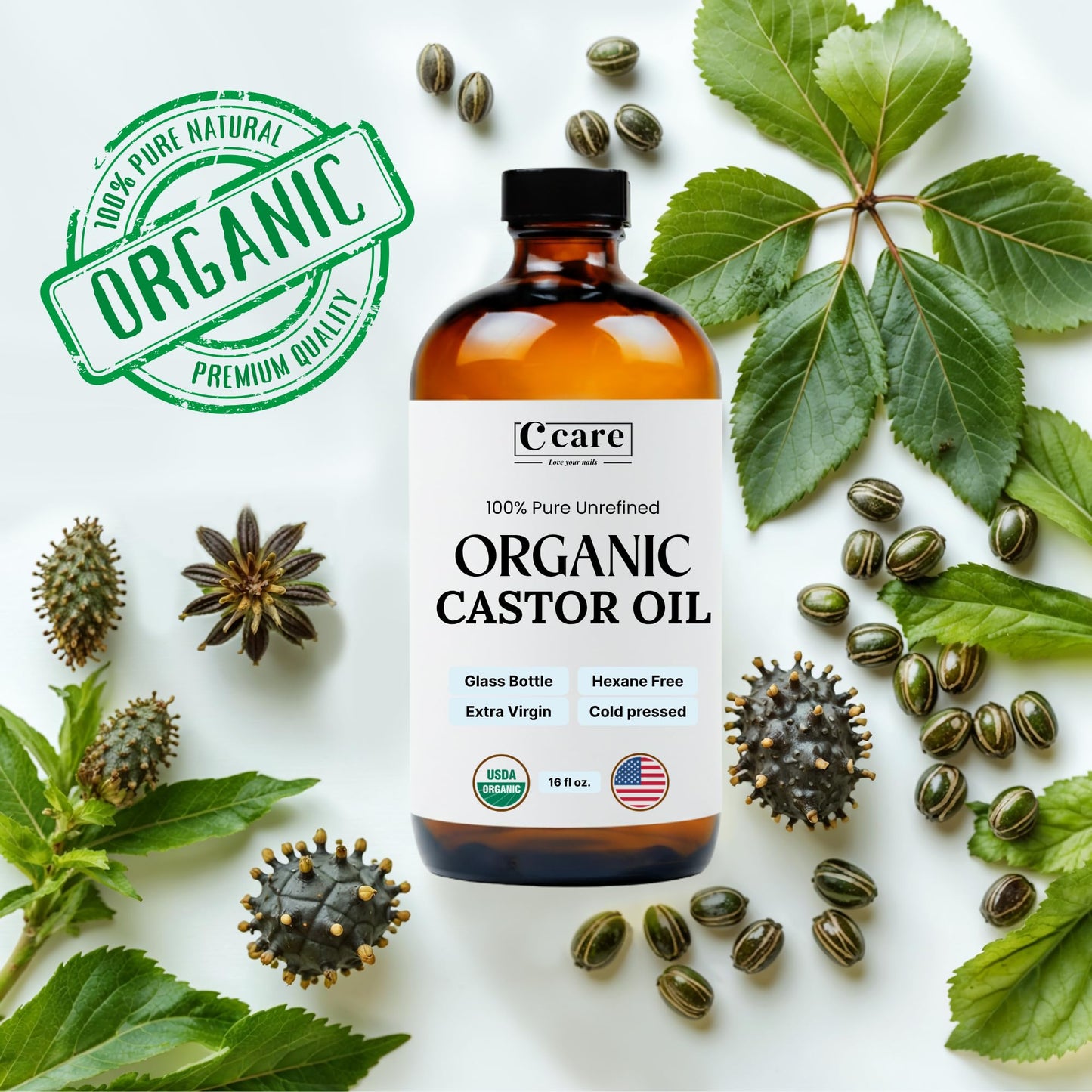 Castor Oil 100% Pure Organic Cold Pressed Unrefined Glass Bottle | USDA Certified Organic | Hexane Free Extra Virgin | for Hair Growth Eyebrows Beauty and Personal Care C CARE