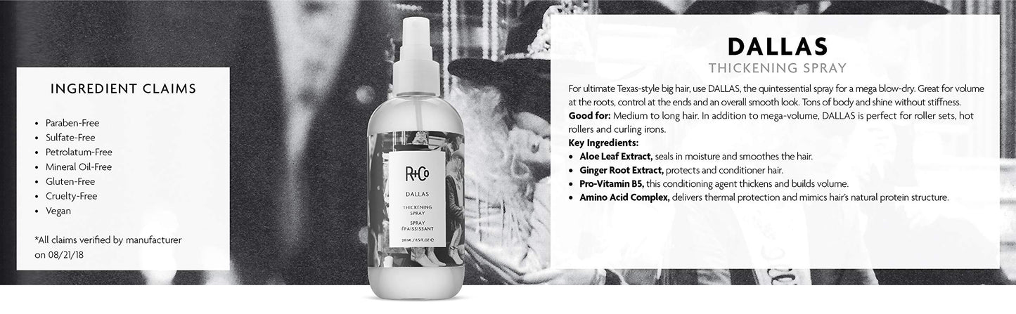 R+Co Dallas Hair Thickening Spray | Volumizing & Texturizing Spray for All Lengths | Adds Volume, Body & Shine | Perfect for Blowouts, Curling Irons