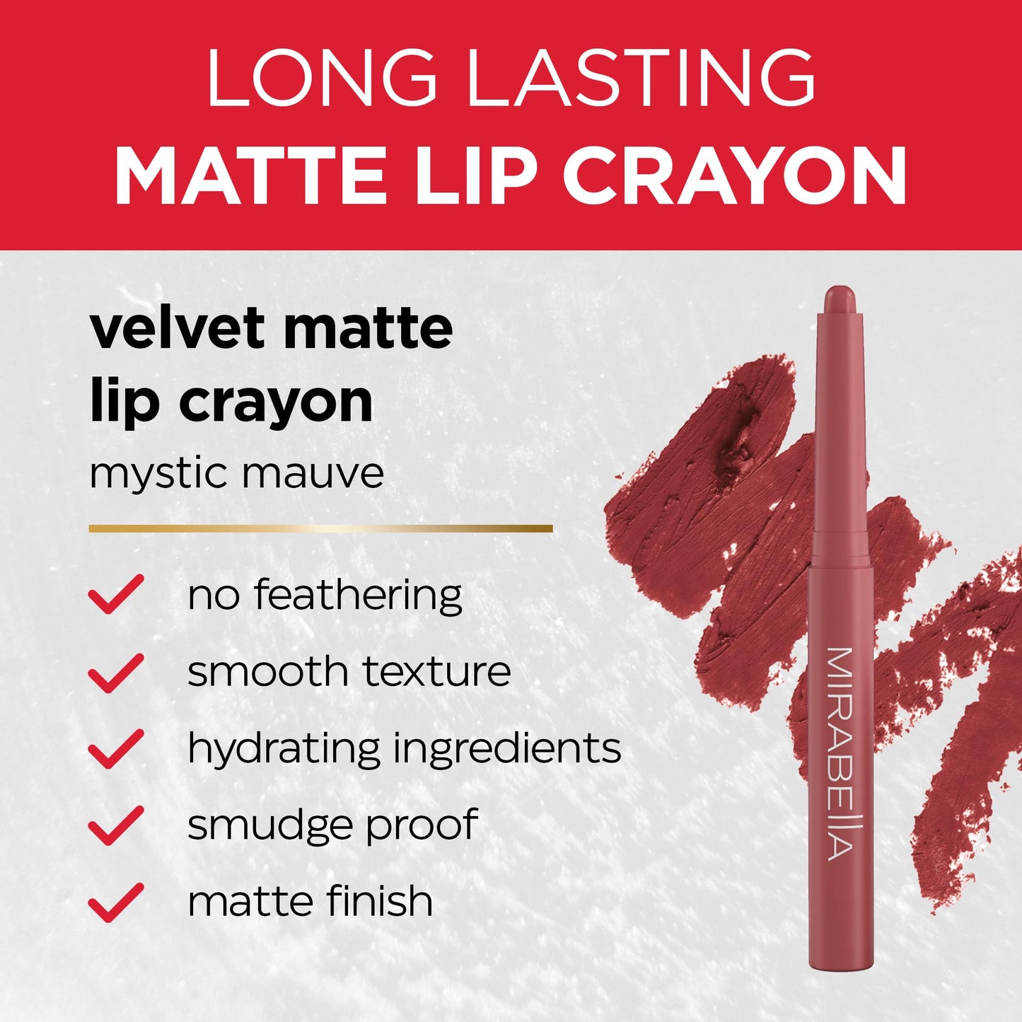 Mirabella - Velvet Matte Lip Crayon, Retractable Highly-Pigmented 2-in-1 Makeup, Long-Lasting Hydrating Lipstick Crayon + Lip Liner, Moisturizing