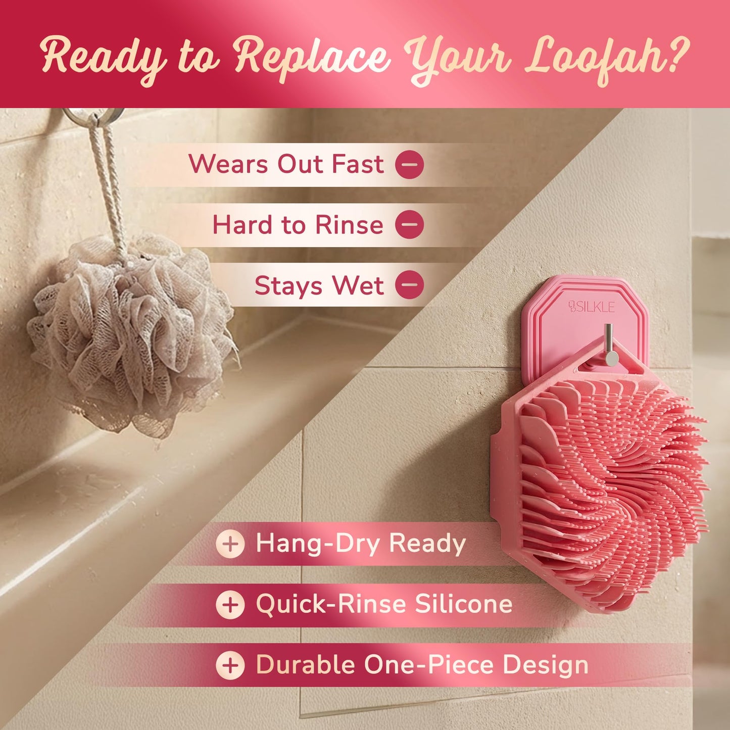 SILKLE Silicone Body Scrubber - Gentle Exfoliating Shower Scrubber for Body & Bath, Silicone Shower Brush & Loofah Alternative - Non-Slip Silicone Beauty and Personal Care SILKLE