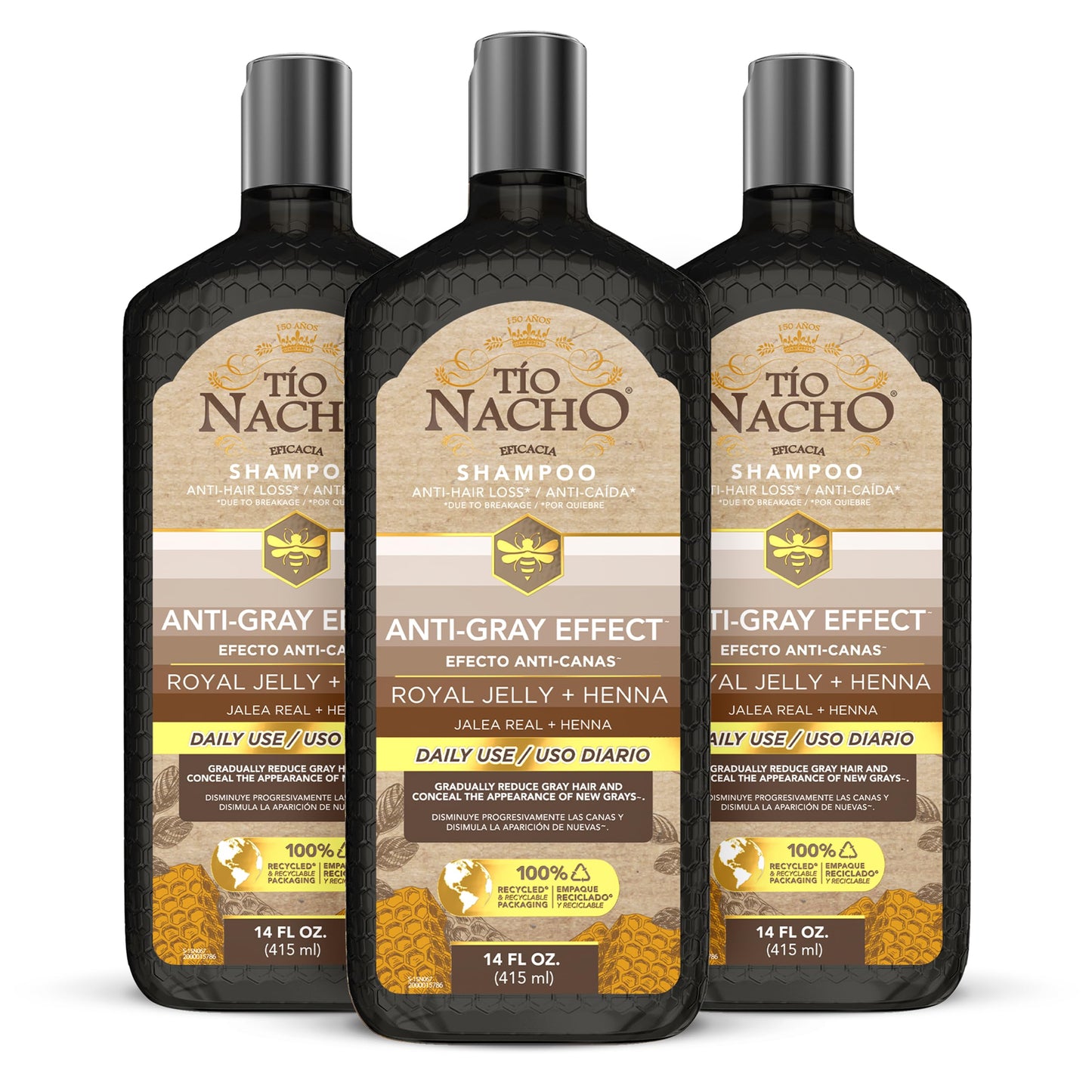 Tio Nacho Anti-Gray Effect Shampoo with Henna and Royal Jelly, Hair Toner Shampoo for Women and Men, Natural Henna Hair Color Shampoo for Gray