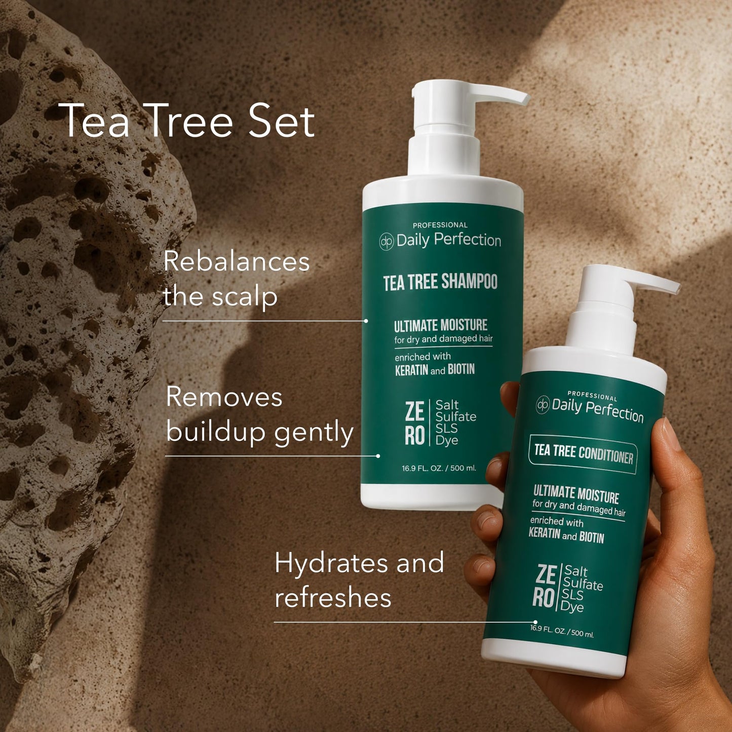 Daily Perfection Tea Tree Shampoo and Conditioner Set - Ultimate Moisture Hair Care Duo with Biotin and Keratin for Dry and Damaged Hair - Salt