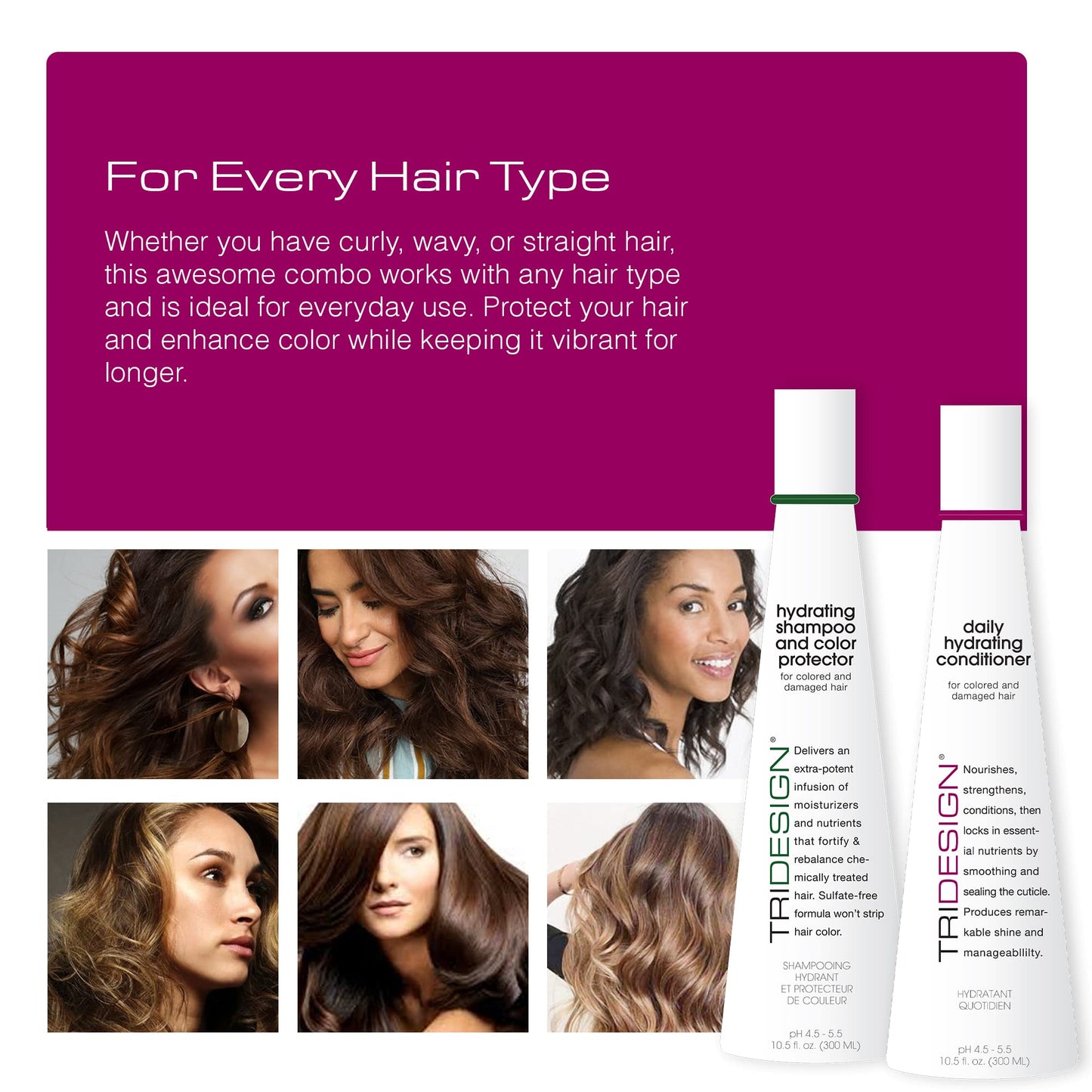 TRI Design Hydrating Shampoo & Conditioner Set - Sulfate Free Shampoo & Conditioner for Dry & Damaged Hair - Protect, Repair, and Moisturize Curly