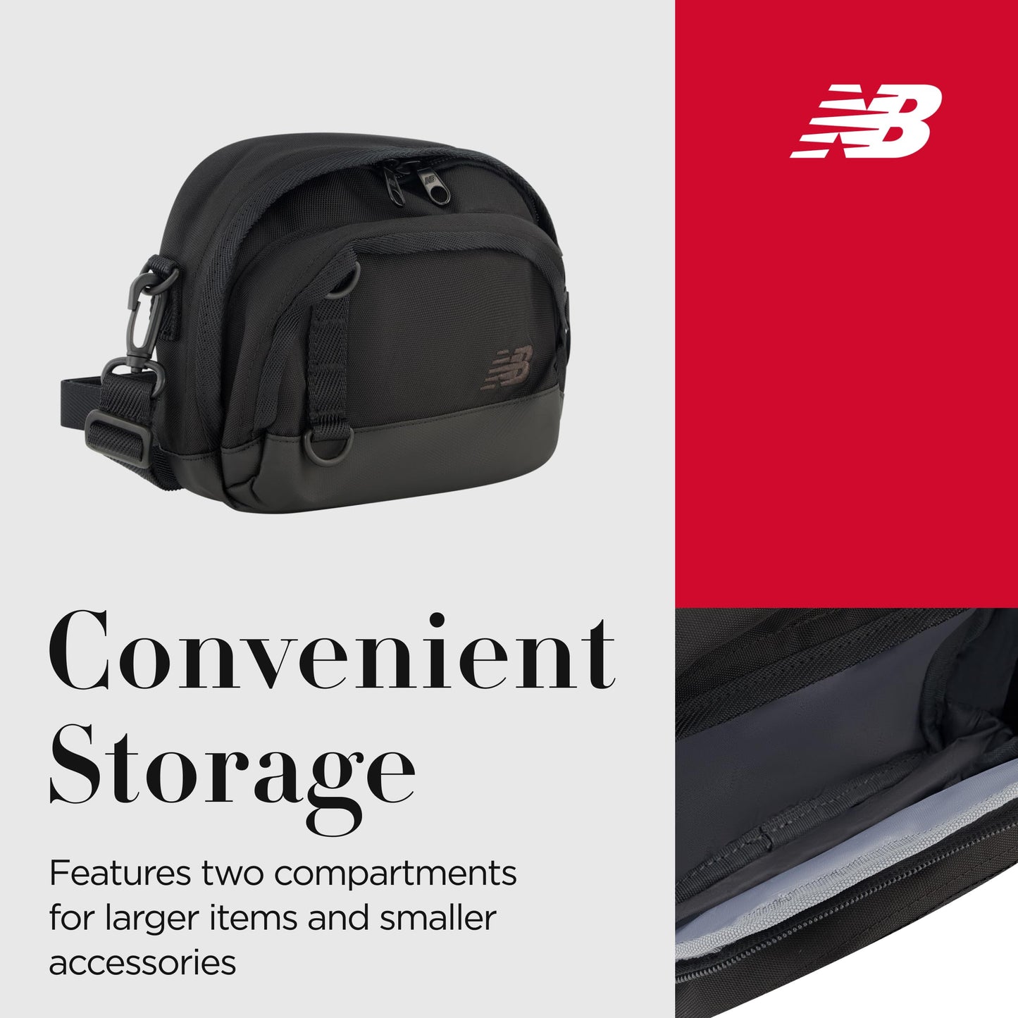 New Balance Sling Bag, Large Athletic Shoulder Handbag for Men and Women, Black, One Size