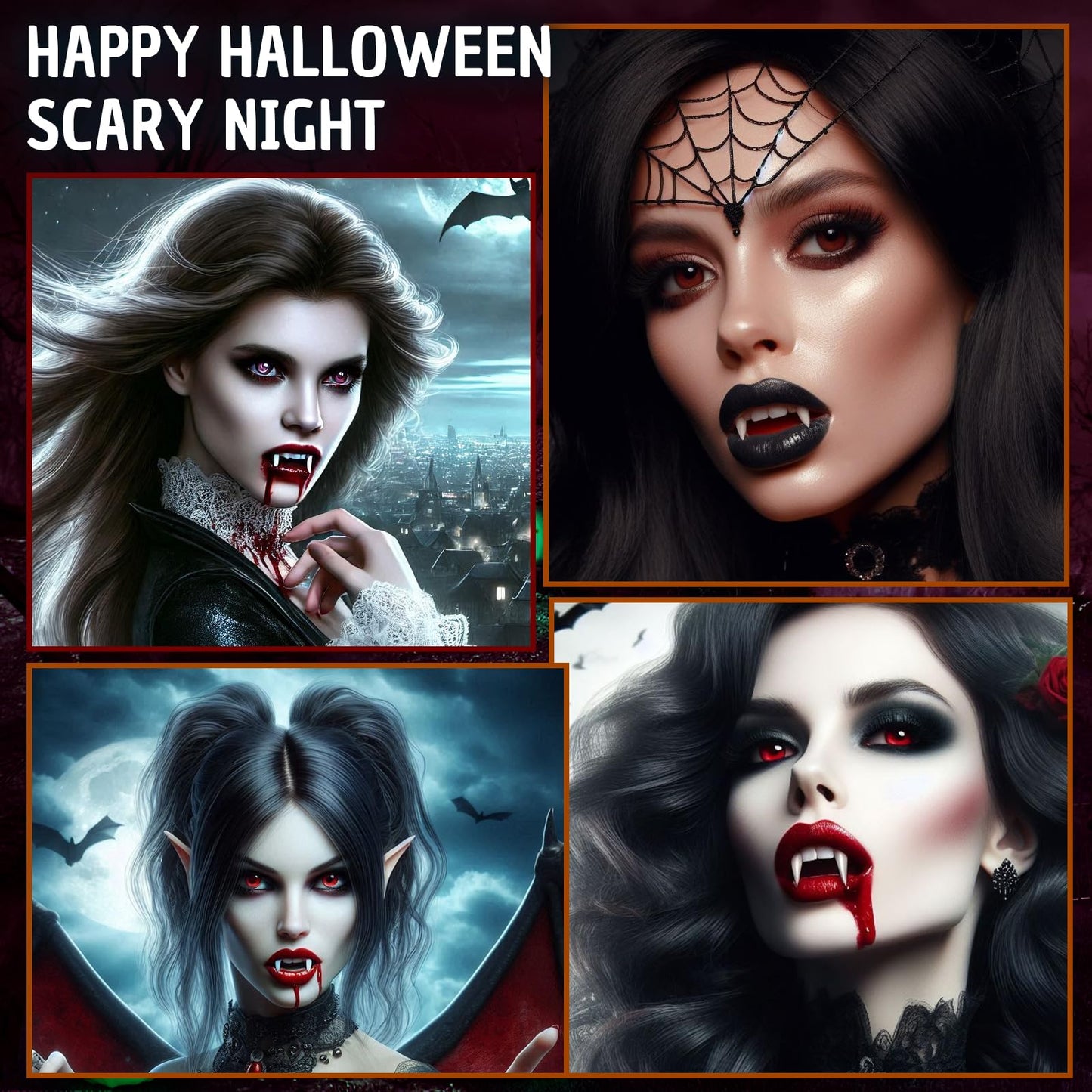 Vampire Fangs Kit with Black Lipstick & Fake Blood - 4 Pairs 4 Sizes SFX Fake Teeth, Vampire Blood & Goth Lipstick for Halloween Cosplay Makeup