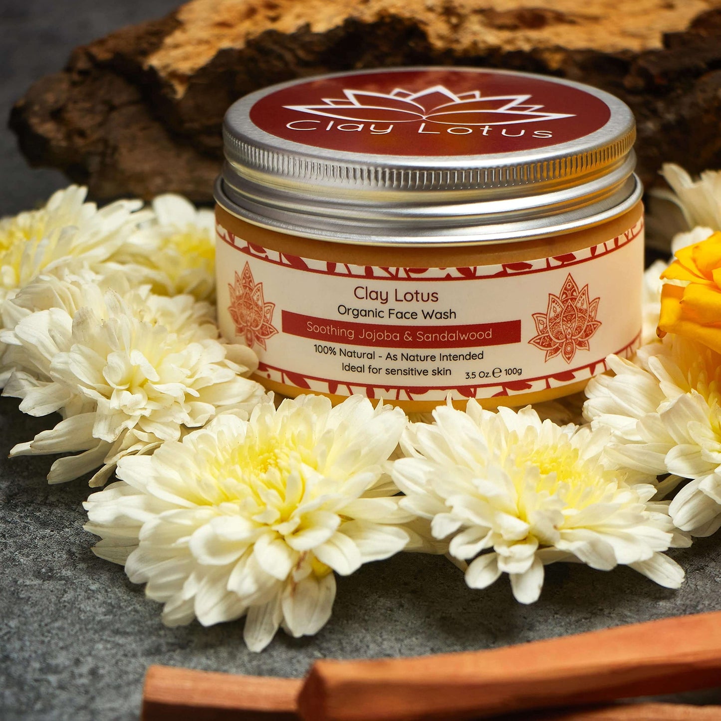 Clay Lotus Organic Face Wash – Gentle Cleanser with Jojoba & Sandalwood, 100% Natural, Hydrating & Brightening, Vegan Formula for Sensitive Skin