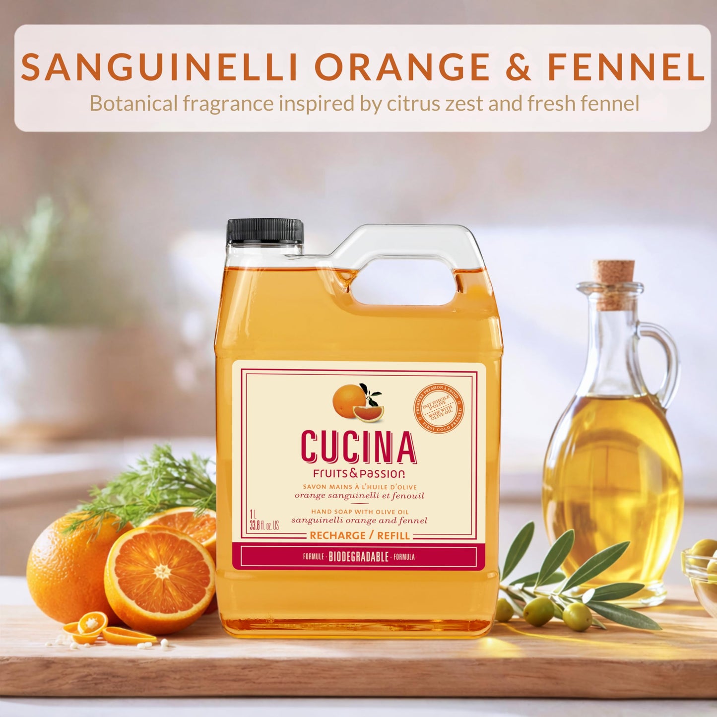 Cucina Fruits & Passion Hand Soap Refill, Orange & Fennel, 1 L (33.8 fl oz), Liquid Hand Soap with Moisturizing Olive Oil, Biodegradable, Vegan