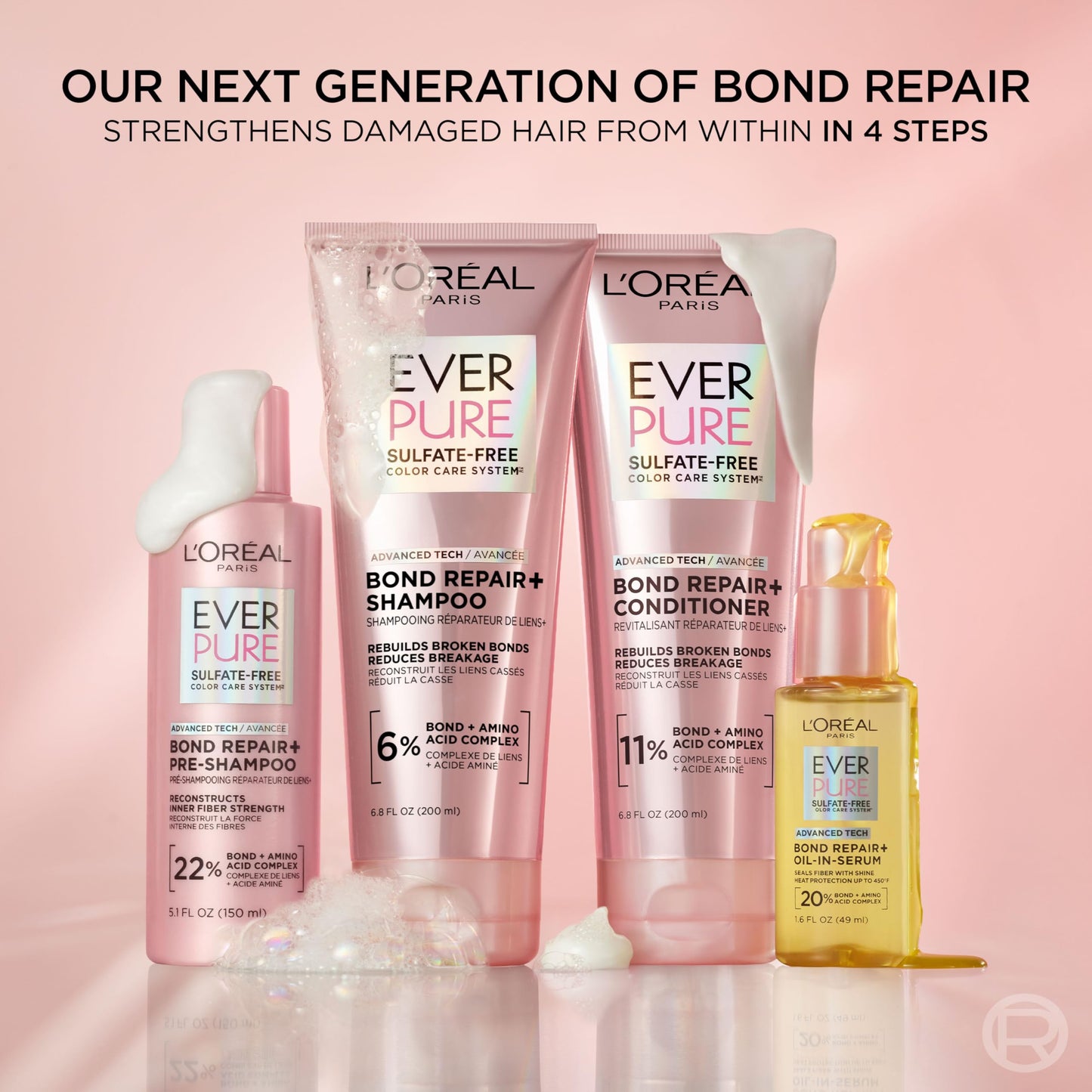 L'Oreal Paris Sulfate Free Bond Repair+ Shampoo and Conditioner Set with Bond + Amino Acid Complex, Strengthens and Repairs Damaged or Color Treated