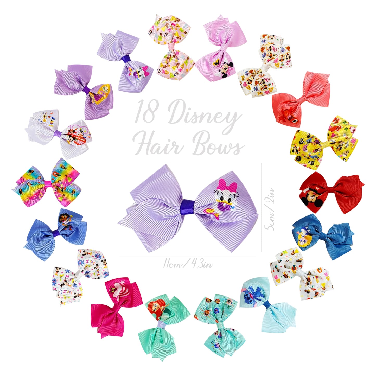Disney 100th Anniversary Special Hair Accessory for Girls|18pc Disney Hair Bow Clips Featuring Favorite Characters with a String Bag Bow Holder