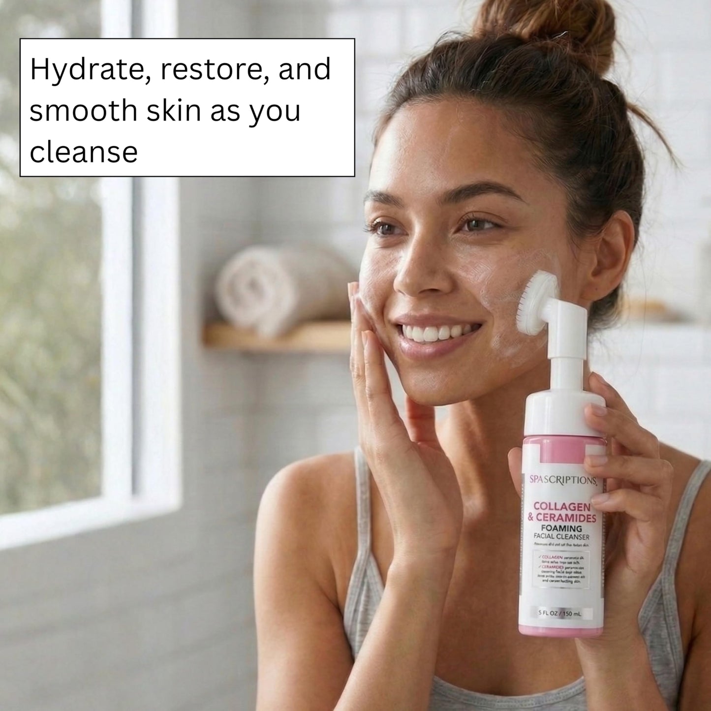 SpaScriptions 2 in 1 Cleanse & Exfoliate Foaming Facial Cleanser - Collagen & Ceramides Face Wash with Silicone Brush for Dry Skin with Barrier